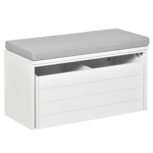 HOMCOM Banc de Rangement avec Coussin Gris Banc à Chaussures Grand tiroir à Double Compartiment Meuble à Chaussures en MDF Blanc