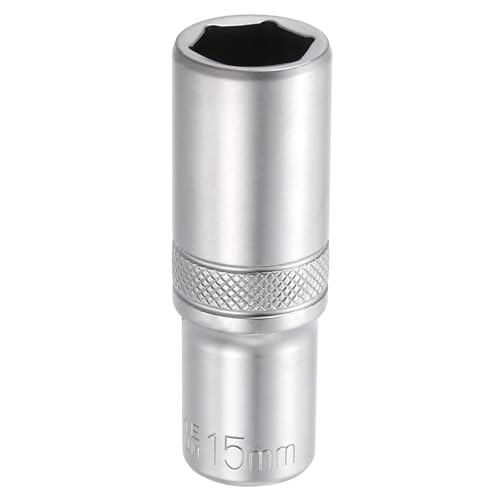 sourcing map 6 Points Deep Socket 3/8" Drive 15mm Deep Metric CR-V Steel Polished Nickel Plating Impact Sockets 64mm / 2.5" Long Flip Sleeve Tool for Home Auto Nuts Bolts Repair