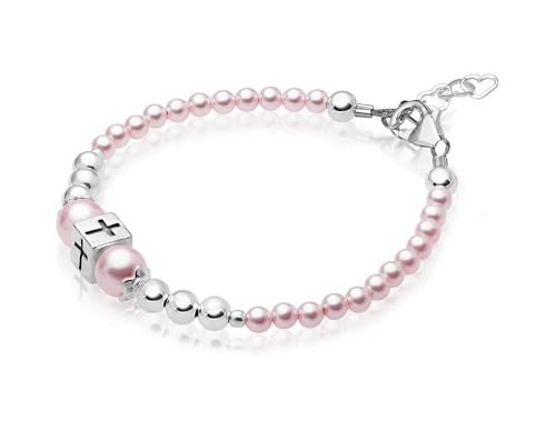 Image of Baby Crystals Pink Pearl Personalized Charm Bracelet for Girls, Sterling Silver Initial Charm Cross Charm Bracelet, Baptism Gifts for Girl, First Communion Christening, Keepsake Girls Jewelry