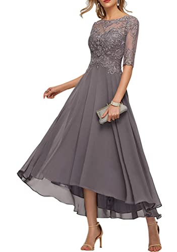 Minetom Dentelle Robe de Soirée Longue Femme Elégante Col Rond A-Line Mousseline de Soie Cérémonie Cocktail Fête Mariage Robes Gris M