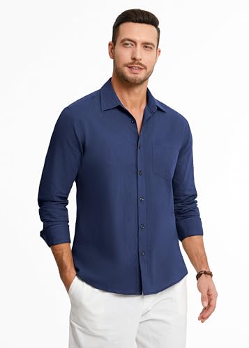 HISDERN Men's Linen Cotton Shirts Long Sleeve Lightweight Regular Fit Solid Button Casual Summer Shirt with Pocket - Image 6