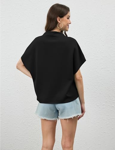 MISSACTIVER Women’s Casual Mock Neck Batwing Tee Top Short Sleeve Drop Shoulder Solid Color Baggy Tshirt Summer Outfits2