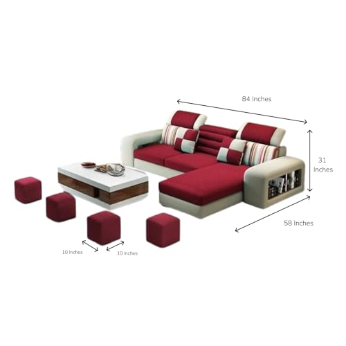 Image of Travis Modern 8 Seater L Shape Sofa Set for Living Room Red & Cream RHS | 4 Ottoman with L Shape Sofa | Fabric Sofa 8 Seater for Office Festival Gifts