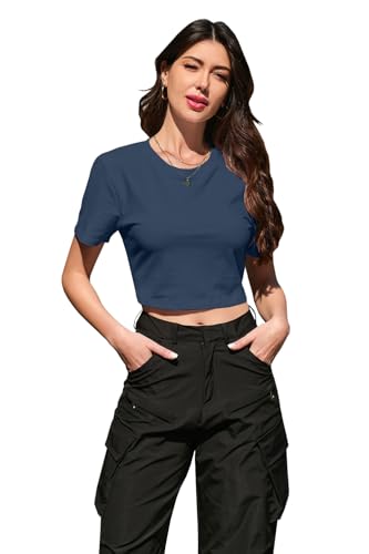 Image of Betusline Girls & Women Basic Summer Short Sleeve Slim Fit T-Shirts Soft Crewneck Crop Y2k Tee Cute Gym Fashion Clothes