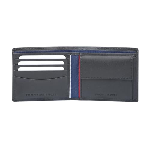 Image of Tommy Hilfiger Men's Leather Wallet Berkane | Printed Black Bi-Fold with Global Coin Pocket, 4 Card Slots | Stylish Purse for Gents