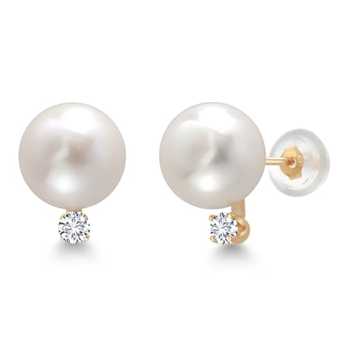 Gem Stone King 14K Yellow Gold Cultured Freshwater Pearls and White Lab Grown Diamond Stud Earrings For Women (Pearl: 6.5MM, Diamond: 0.13 Cttw, Round 2.5MM)