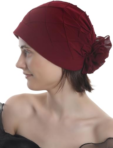 WISTERIA HEADWEAR Check-Pattern Practical Hat for Chemo, Hair Loss, Alopecia, with Pretty Flower Detail (Burgundy)