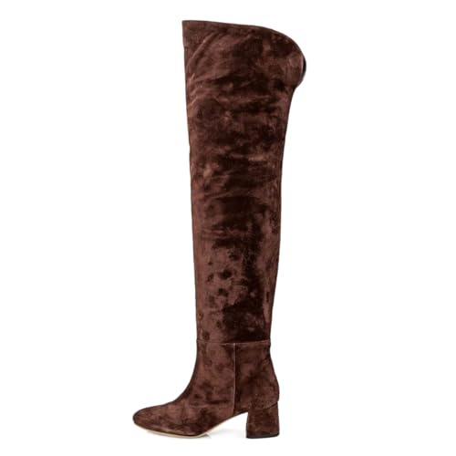 FOWT Women Classic Round Toe Wide Calf Over The Knee Boots Pull on Chunky Block Low Heel Thigh High Boots Fashion Winter Daily Shoes Size 4-16 US