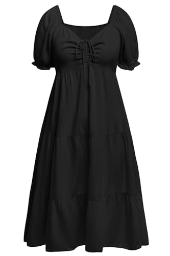 Image of Plus Size Summer Dresses - Sweetheart Neck Drawstring Puff Sleeve Casual Tiered Aline Flowy Midi Dress