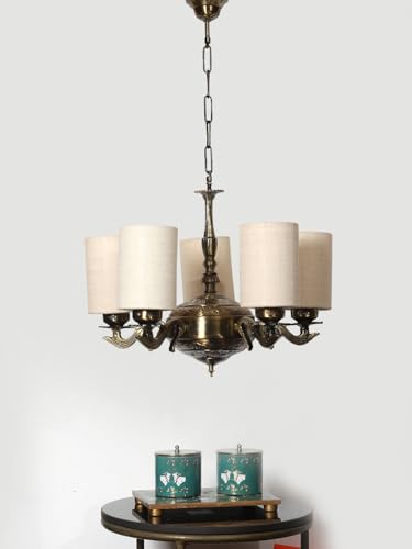 Image of Devansh 05 Lights White Jute Round Shade with Antique Golden Chandelier