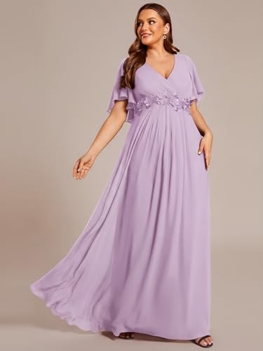 Image of Ever-Pretty Short Sleeves V Neck Plus Size Formal Dresses for Curvy Women Chiffon Mother of The Bride Dress Evening Gowns