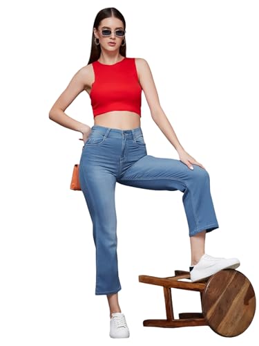 Image of Miss Chase Women's Skinny High Rise Cropped Fringed Hemline Detailing Stretchable Denim Jeans