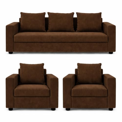 Image of Wood 3+1+1 Sofa Set 5 Seater | Velvet Fabric Upholstery | Wooden Frame Sofa Set with 3 Seater & 2 Single Chairs for Living Room, Home & Office (Brown)