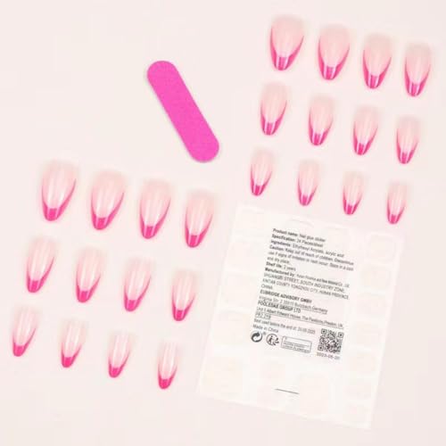 Image of Pink French Tip Press on Nails Medium Almond Fake Nails Nude False Nail with Design Glossy Glue on Nails Reusable Artificial Acrylic Stick on Nail For Women Girls present Manicure 24pcs