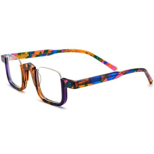 Image of HEPIDEM Matte Multicolor Acetate Glasses Frame Women,Semi Rimless Round Optical Eyeglasses