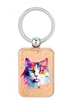 lauthings portachiavi in legno a forma di gatto bianco, in stile psichedelico, targhetta per cani, accessorio portachiavi