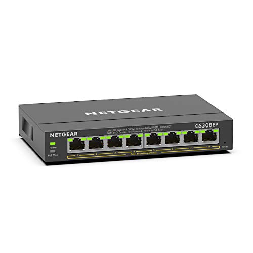 NETGEAR 8 Port PoE Gigabit Ethernet Easy Smart Managed Essentials Switch (GS308EP) – with 8 x PoE+ @ 62W, Desktop or Wall Mount