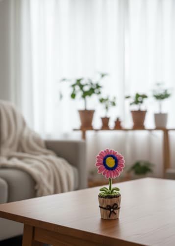 Image of Handmade Artificial Flower Pot for Home Decor | Cute Fuzzy Wire Pipe Cleaner Flower Plant | Aesthetic Tabletop Decorative Pot for Home, Office & Gifting (Soft Bloom :- DarkBlue-Pink)