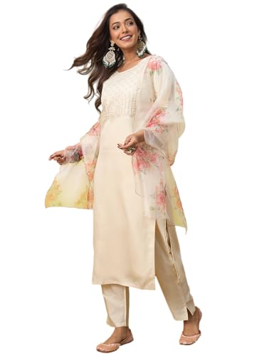 Image of VredeVogel Women's Silk Blend Embroidered Straight Kurta Pant Set with Organza Dupatta