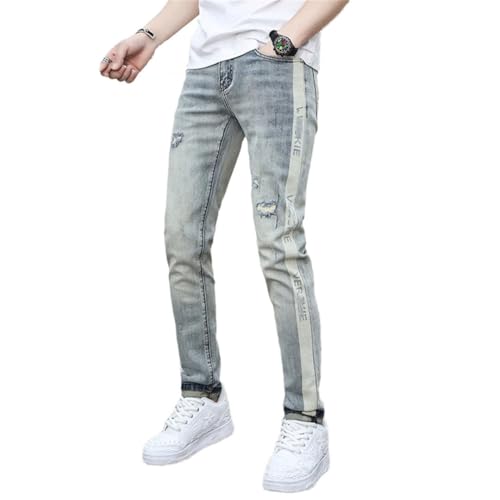 Men's Printed Jeans Broken Hole Design Stretch Slim Fit Skinny Pants