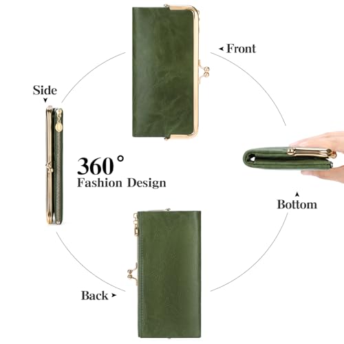 Image of GOIACII Womens Wallet Kiss Lock Bifold Leather Wallets for Women Green | Vintage Wallet for Women,Ladies Clutch Purse,Women's Card Holder Wallet with Zipper