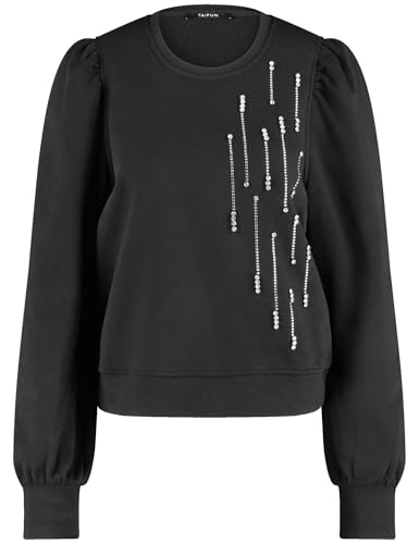 Taifun Ladies Rhinestone Embellishment Long Sleeve Puff-Sleeve Solid Color Cuff Sweatshirt, Black Patterned, 10