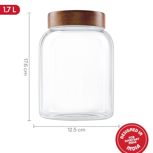 Image of Borosil Glass Jar with Acacia Wood Lid | Borosilicate Glass Storage Jar for Dry Fruits, Spices & Snacks | Airtight Glass Container for Kitchen & Pantry (Roundwood, 1700 ml)