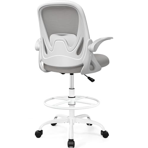 Image of Drafting Chair Tall Office Chair with Flip-up Armrests, Adjustable Height, and Enhanced Lumbar Support - Ergonomic Rolling Stool, Back Support, and Adjustable Foot Rest Ring for Standing Desk Gray
