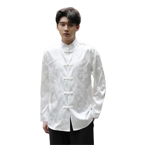 Chemise Style Zen Tang pour Homme en Blanc Rétro avec Finition Bouton Grenouille