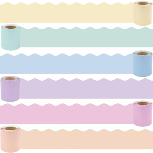 Kockuu 216ft Bulletin Board Borders 6 Rolls Pastel Classroom Display Borders Waterproof Scalloped Border Trim for School Home Chalkboard Wall Door Decoration