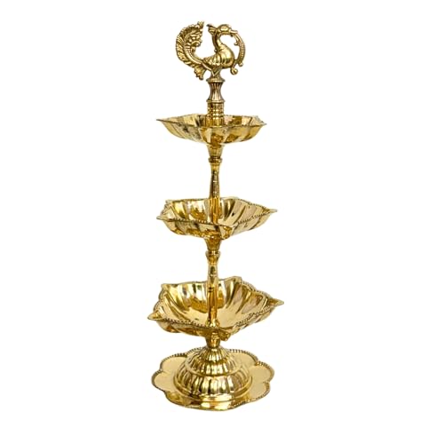 Image of Handcrafted Double Brass Diya with Peacock Design | Traditional Brass Oil Lamp for Puja, Temple & Home Decoration | Antique Finish Deepak for Festivals (Triple Diya)