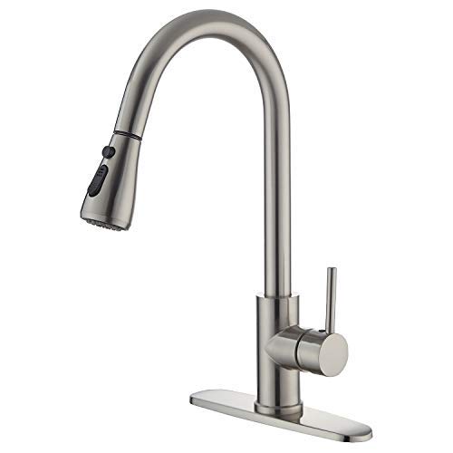 Kitchen Faucet - YUNDOOM Kitchen Sink Faucet Single Handle High Arc Brushed Nickel Pull Out Kitchen Faucet Single Level Solid Brass Kitchen Sink Faucets with Pull Down Sprayer (Nickel Brushed)
