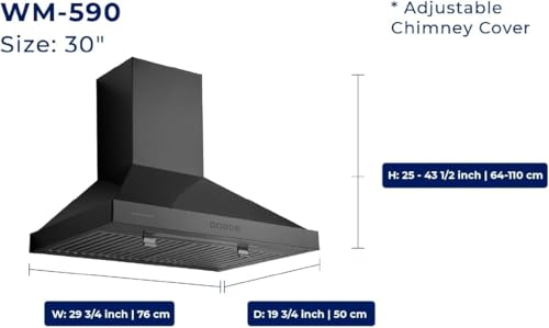 Image of Hauslane 30 inch Wall Mount Range Hood - Black Stainless Steel, Fingerprint-Resistant, 3-Speed Fan, LED Lighting, Dishwasher-Safe Baffle Filters, Ducted or Ductless Convertible, Easy Clean Design