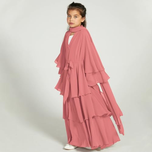 IDOPIP Muslim Girls Abayas Dress for Kids Long Sleeve Chiffon Islamic Kaftan Robe Open Front Cardigan Prayer Dress with Hijab2