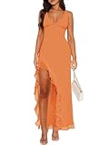 MIYIEONZ Women Sexy V Neck Sleeveless Mesh Ruffle Hem Bodycon Maxi Dress Casual Y2K Backless High Slit Cocktail Party Club Dress Orange