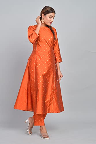 Image of Riara Art Silk Women Long Anarkali Kurti with Pant Polka Dot A-line Ladies Ethnic Wear Dress