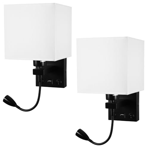 Luz de la Mesilla de Noche, Lámpara de Pared de Lectura LED Lámpara de Pared Moderna Dormitoriocon Foco de Cuello de Cisne Ajustable, Interruptores Dobles, Con Puerto USB para Cargar E27 (Negra X2)