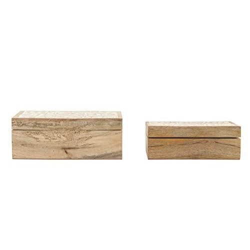 Creative Co-Op Handcarved & Whitewashed Mango Wood Boxes (Set of 2 Sizes)