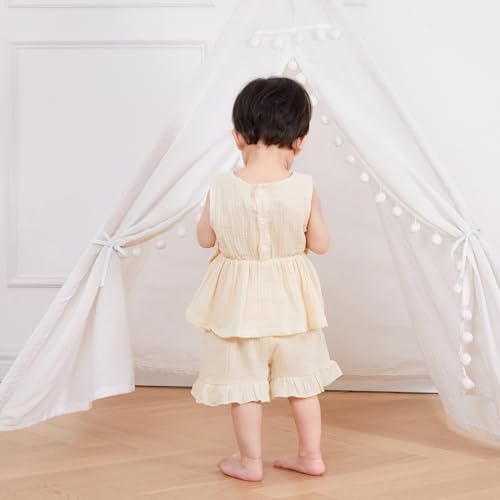 Kupretty Toddler Girl Summer Clothes Baby Solid Linen Outfit Bows Ruffle Tank Tops Shirts + Ruffled Short Set3