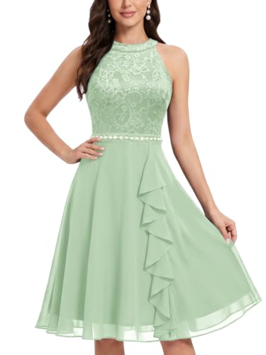 Image of Miusol Women's A-Line Halter Neck Lace Chiffon Ruffle Cocktail Party Dress