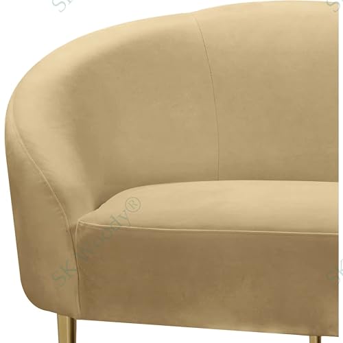Image of Rosewood Luxury Curved Sofa in Premium Velvet-Fabric | Solid Wood Structure | High Density Foam | Sturdy Golden Legs | Comfortable & Stylish Couch for Modern Living Room (Camel, 2 Seater)