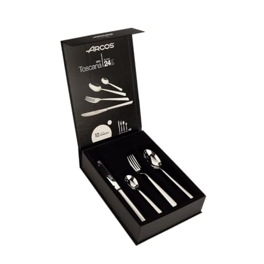 ARCOS Juego de Cubiertos de 24 Piezas para Mesa. Cubertería Completa para 6 Personas. Set de 6 Cucharas, 6 Cuchillos, 6 Tenedores y 6 Cucharas de Postre. Serie Toscana. Color Plata