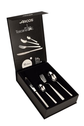 ARCOS Juego de Cubiertos de 24 Piezas para Mesa. Cuberterí­a Completa para 6 Personas. Set de 6 Cucharas, 6 Cuchillos, 6 Tenedores y 6 Cucharas de Postre. Serie Toscana. Color Plata