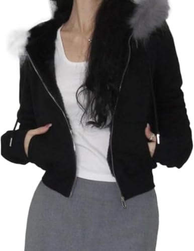 FENXIXIONE Fausse Fourrure Garniture Camo Hoodies Pour Femmes, Y2k Long Sleeve Sweatshirt Court, Veste Zippée Avec Capuche En Fourrure (Noir,S)