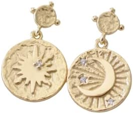 Sun and Moon Mismatch Coin Drop Earrings Sterling Silver with Gold Finish