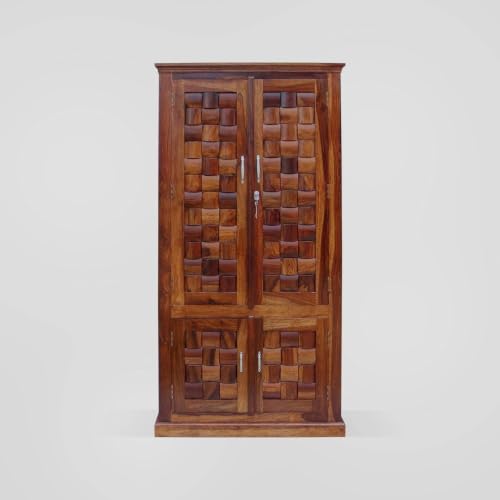 Image of Solid Sheesham Wood Diamond Cut 4 Door Almirah /Wardrobe /Cabinet with Storage of 4 Shelves and 2 Drawers, Pre-Assembled (Natural Honey Finish) (Honey) (F-Hony)