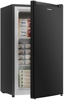BANGSON 2.1 Cu.ft Upright Freezer, Compact Mini Freezer with Reversible Black Door, Adjustable Thermostat, Removable Shelves, Energy-Saving Small Freezer for Dorm/Office/Apartment, Black