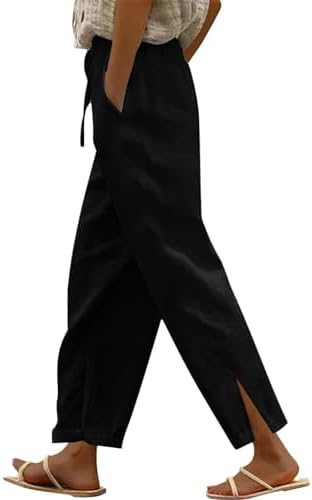 Women's Linen Capri Pants Lightweight Casual Fashion Lounge Trousers Loose Flowy Summer Wide Leg Pants with Pockets