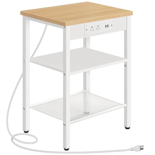 HOOBRO Side Table with Charging Station and USB Ports, Small End Table for Small Space, 3-Tier Nightstand with Adjustable Shelf, for Living Room, Bedroom and Balcony, Natural and White WN112BZ01