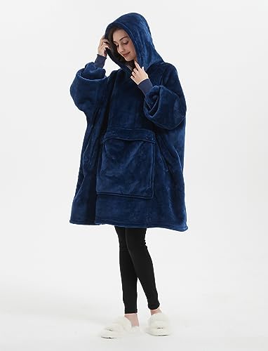 Image of KFUBUO Wearable Blanket Hoodie for Adults With Pocket Navy | Sherpa, Fuzzy Blanket Hoodie, Oversized Sweatshirt Blanket, Kangaroo Pouch, Gifts for Mom, Cute Stuff